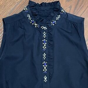 J.Crew Sleeveless Embellished Blouse Navy Button Up Chic Workwear Size 2